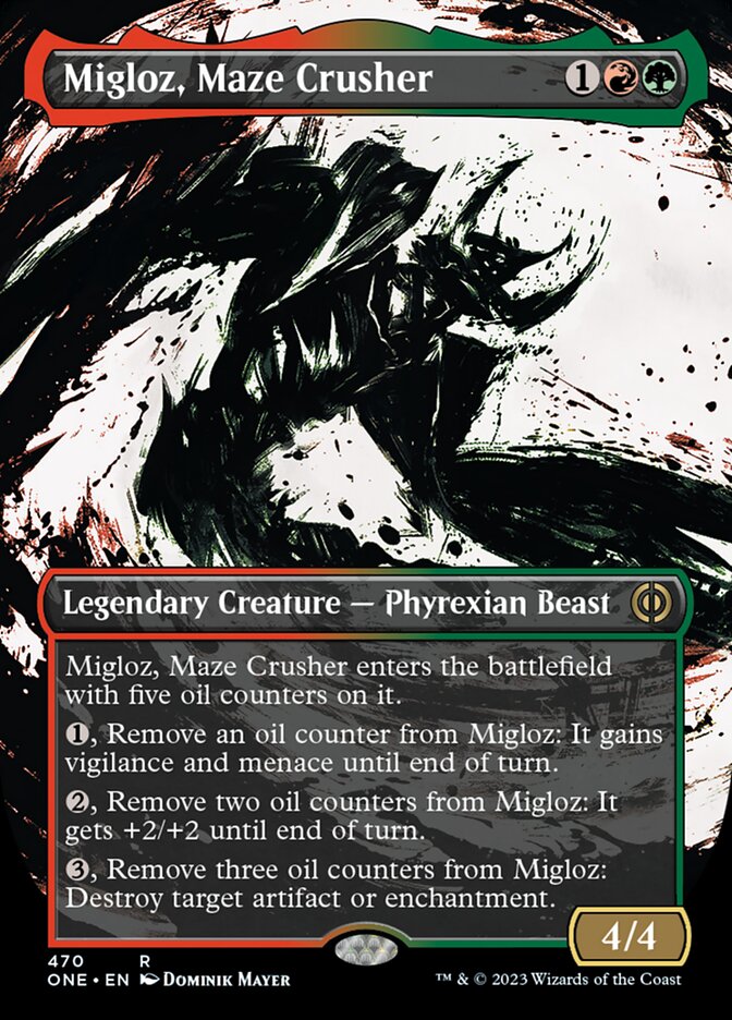 Migloz, Maze Crusher (Borderless Ichor Step-and-Compleat Foil) [Phyrexia: All Will Be One] | The Gaming Verse